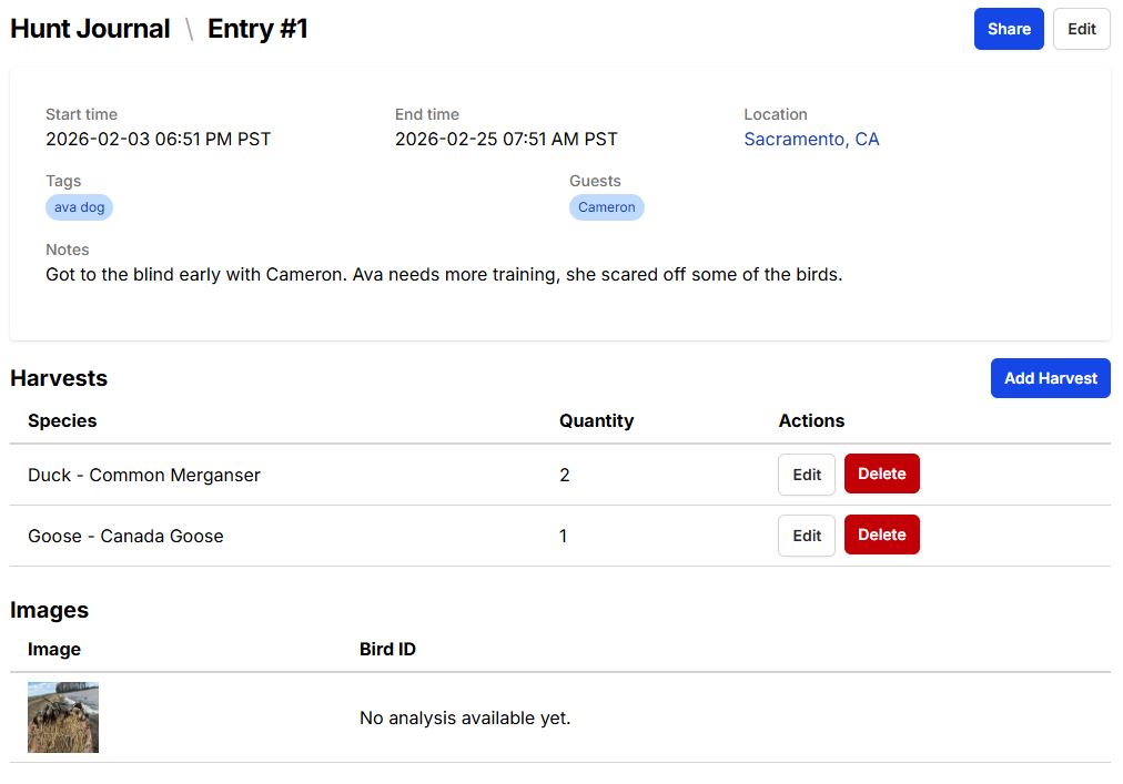 Hunt Journal screenshot showing logged hunt entries and notes