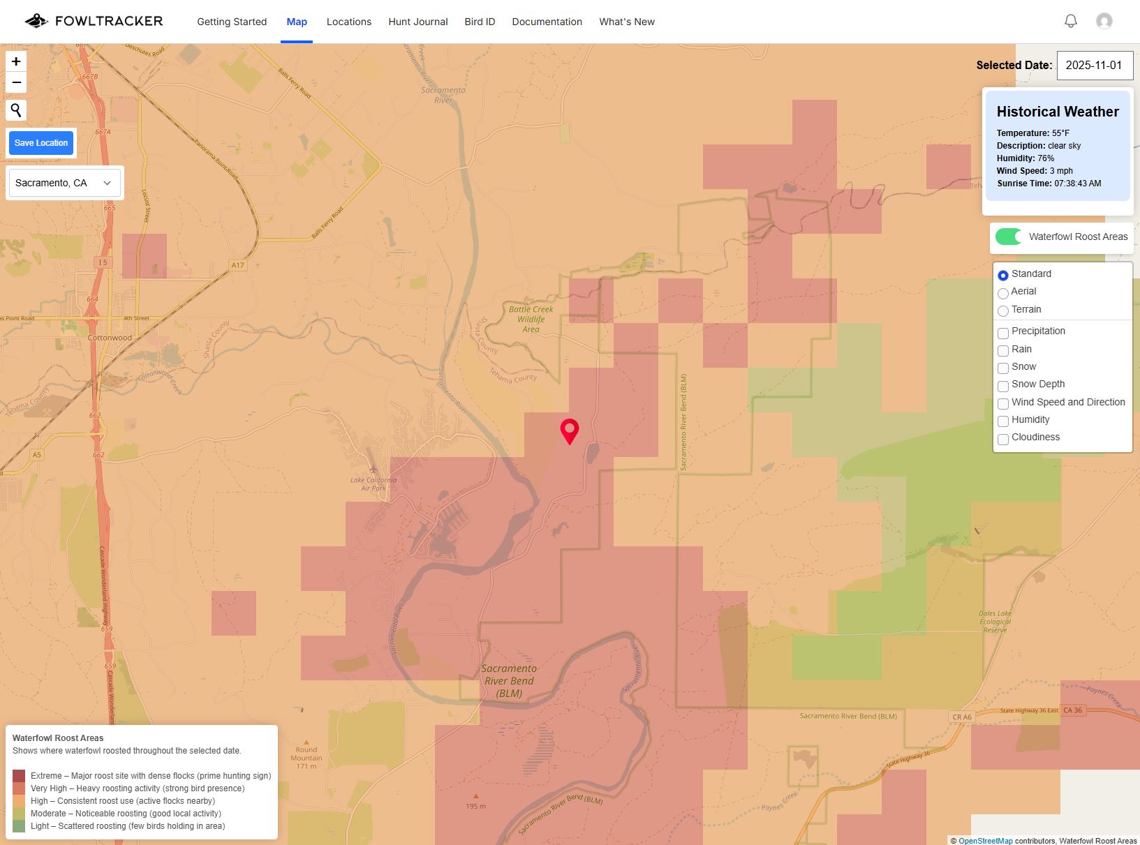 FowlTracker map interface showing roosting activity and weather overlays