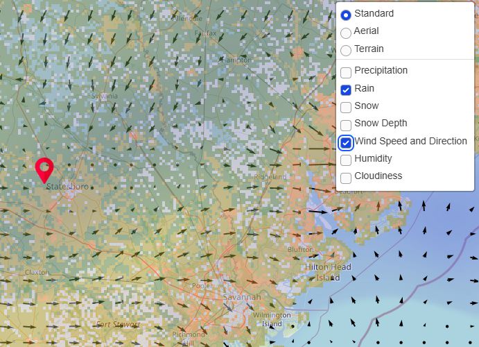 FowlTracker weather overlays on the map for hunt planning